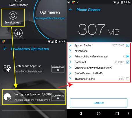 Das Bild zeigt die App MobileGo mit der Funktion, die systeminterne Speicherplatz-Fresser zeigt (Cache-Files und ähnliches)