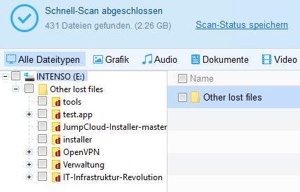 Das Bild zeigt das EaseUS Data Recovery Datenwiederherstellungs-Tool - durch die Nutzung des Zielmediums werden bei einem Schnell-Scan weniger Dateien gefunden.