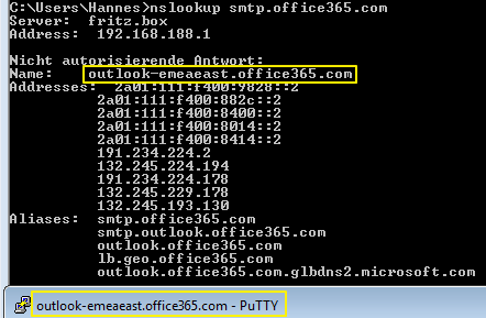 Das Bild zeigt die Recherche des lokalisierten SMTP-Servers mit nslookup in der Windows CMD